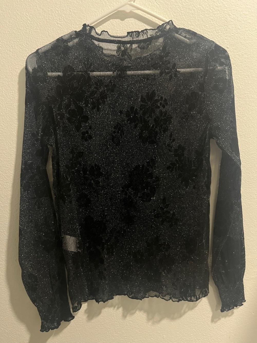 Sheer Glitter Floral Long-Sleeve Top - Black
